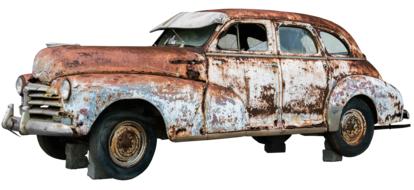 Colorful, rusty, vintage oldtimer car, at white background, clipart