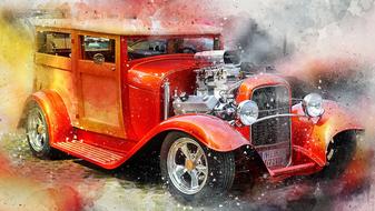 watercolor orange vintage car