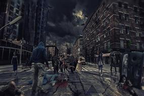 zombies in scary city at night, digital art