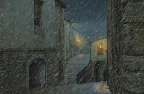 Beautiful drawing with the architecture, with the lights, in snow, and man with the umbrella at the night, clipart