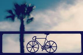 Silhouette of the bicycle, near the fence and beautiful palm tree, at blue sky with the clouds on background