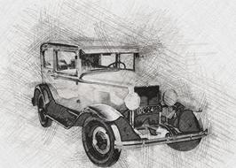 oldtimer car, pencil sketch, digital art
