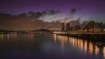 Beautiful coast of Han river in Seoul with colorful lights, Republic of Korea