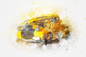 Beautiful, watercolor drawing of the yellow, retro car, at white background, on clipart