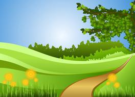 Beautiful and colorful clipart with the winding path, among the green plants and yellow flowers, at blue sky with sunlight on background