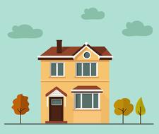 House, among the colorful trees in autumn, under the clouds, at mint background, on clipart