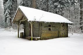 wooden house in the snowy forest at winter