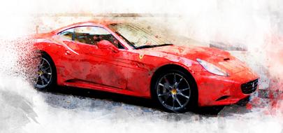 Beautiful and colorful watercolor drawing of the red Ferrari car, clipart
