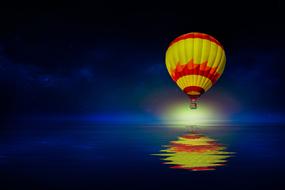 colorful hot air balloon above sea at dusk, digital art
