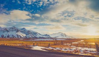 snowy mountains at dawn