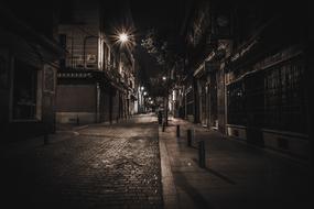 Retro photo of the beautiful street in light, among the buildings, at night