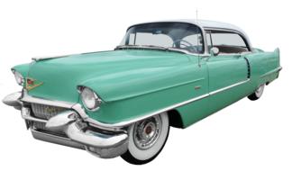 Beautiful, shiny, green and white oldtimer Cadillac coupe car in America, at white background