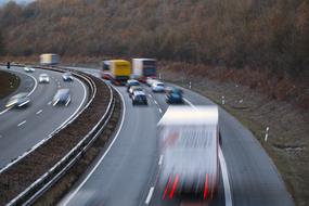 Cars on the road in movement, among the colorful plants