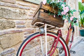 flowers in a box on a bicycle