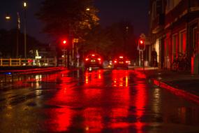 Street Light Red on a city street at night