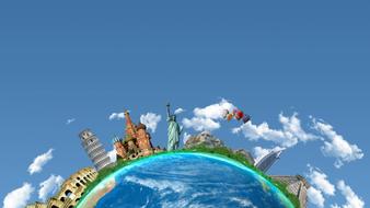 Colorful globe with the beautiful architecture, at blue sky with white clouds on background, clipart