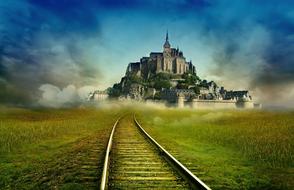 single-track railroad through meadow to Mont-Saint-Michel Abbey, collage