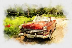 watercolor drawing of a vintage car