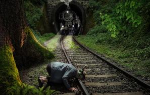 suicide on railway in forest, collage