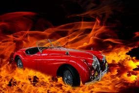 oldtimer red Auto in flame, collage