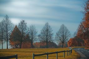 Beautiful landscape of the road with fence among the colorful field and trees in autumn