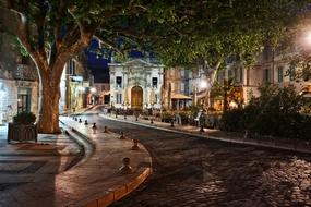 Beautiful landscape of the road with lights and green trees, among the colorful buildings in Avignon, France, at night