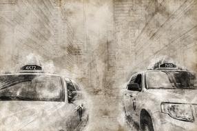 Beautiful drawing of the two Taxi cars in New York, America