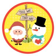 drawn snowman and santa claus on the background of road signs