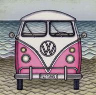 drawing of vintage vw van in front of sea