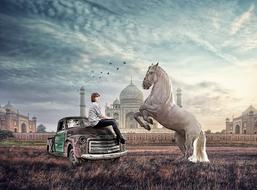 imaginary clipart of horse and girl and taj mahl