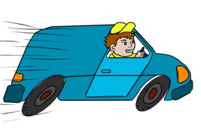 Colorful clipart with the man, in the delivery truck, in motion, at white background, clipart