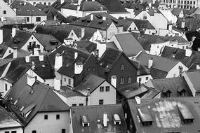 monochrome photo of old town rooftops