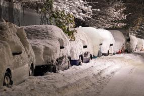 parked cars in the snow at night