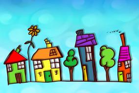 colorful street village house drawing