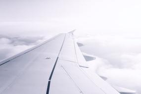 photo of an airplane wing against a background of clouds