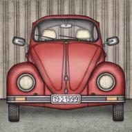 drawn red retro car on striped wall background