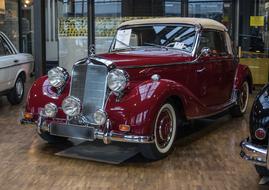 vintage burgundy white mercedes in the museum