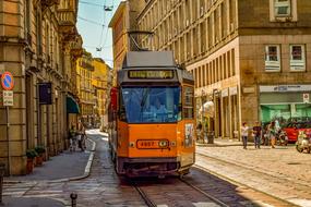 orange Tram on Street in City