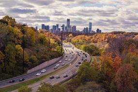 highway against the background of urban skyscrapers