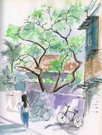man on city street in watercolor illustration