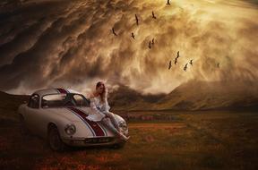 clipart of woman sitting on Vehicle and stormy clouds