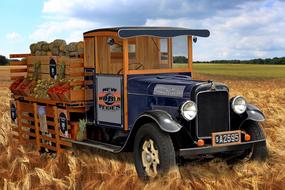 vintage truck with harvest in wheat field