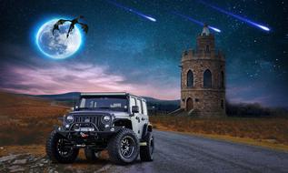 fantastic image of a jeep on the background of a brick tower under the moon