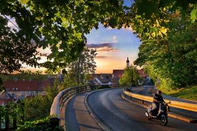 motorcyclist on the highway along the trees