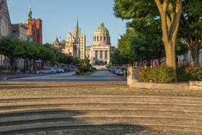 Beautiful stairs and green trees, among the buildings and capitol in Harrisburg, Pennsylvania, USA