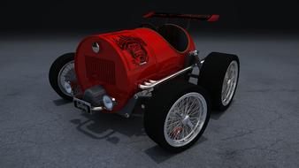 3d model of the red, vintage Hot Rod car with the black drawing, on the grey surface