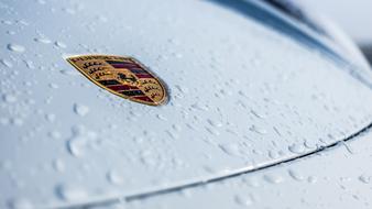 Porsche logo on a white wet car hood