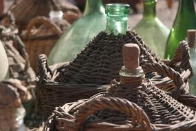 wicker bottles for wine close up