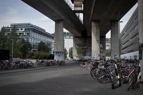 bicycle parking under a bridge in Zurich