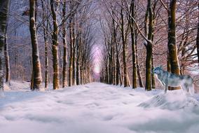 wolf in the snow in the park in pink twilight